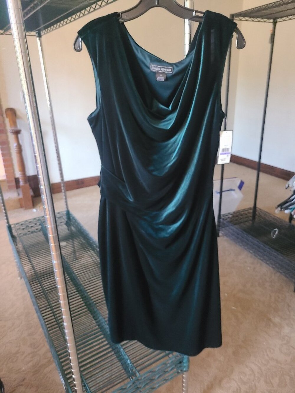 Jessica Howard Hunter Green Velvet Cowl Neck Ruched Dress NWT